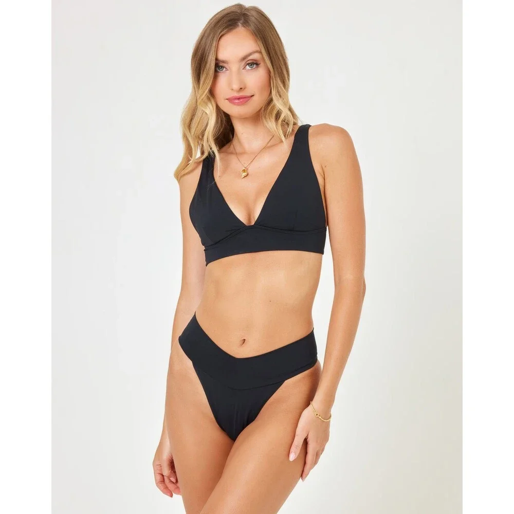 L*Space Quinn Bikini Bottom Womens Medium Black Stretch V Front Swimwear GBO2760